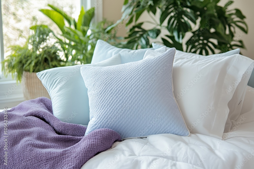 Cozy Bedroom Setting with Soft Pillows and Blanket on Bed in Sunlit Room Featuring Lush Green Plants Interior Design Concept Cozy Bedroom Setting with Soft Pillows and Blanket on Bed in Sunlit Room Featuring Lush Green Plants Interior Design Concept