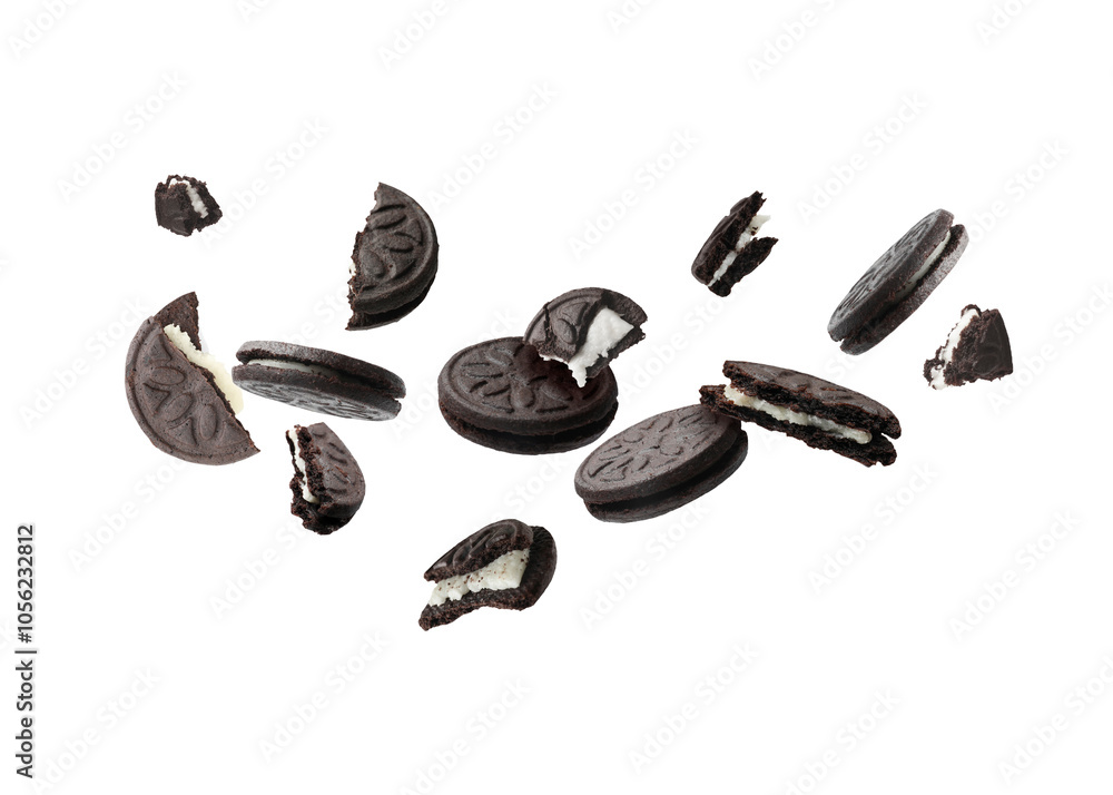 Tasty broken sandwich cookies in air on white background Tasty broken sandwich cookies in air on white background