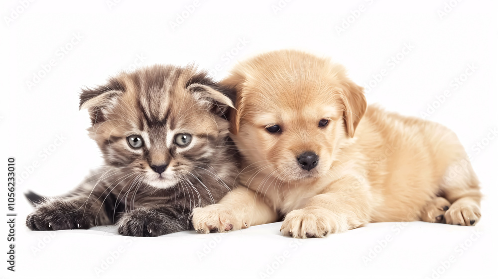 Cute little kitten cat and cute puppy dog together isolated on white background Cute little kitten cat and cute puppy dog together isolated on white background