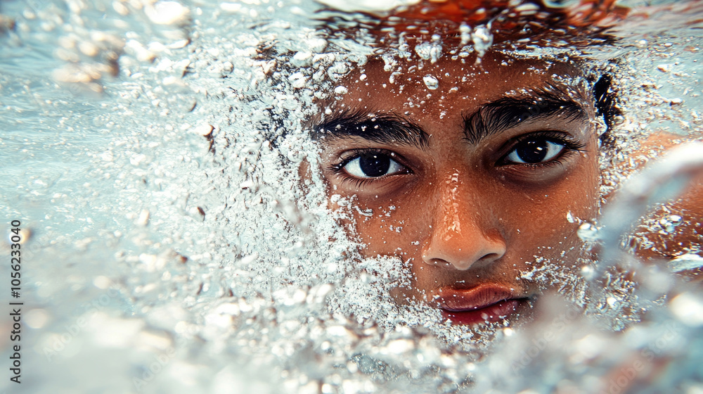 A boy swims underwater, drawing attention with his focused expression and the effervescent bubbles surrounding him in the pool A boy swims underwater, drawing attention with his focused expression and the effervescent bubbles surrounding him in the pool