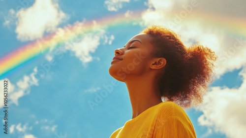 Woman with eyes closed under rainbow in blue sky with white clouds. Conceptual image of hope, optimism, happiness, and freedom. photo