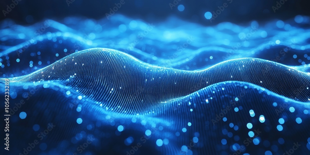 An abstract digital background featuring flowing blue waves with a shimmering, dotted texture resembling light reflections An abstract digital background featuring flowing blue waves with a shimmering, dotted texture resembling light reflections