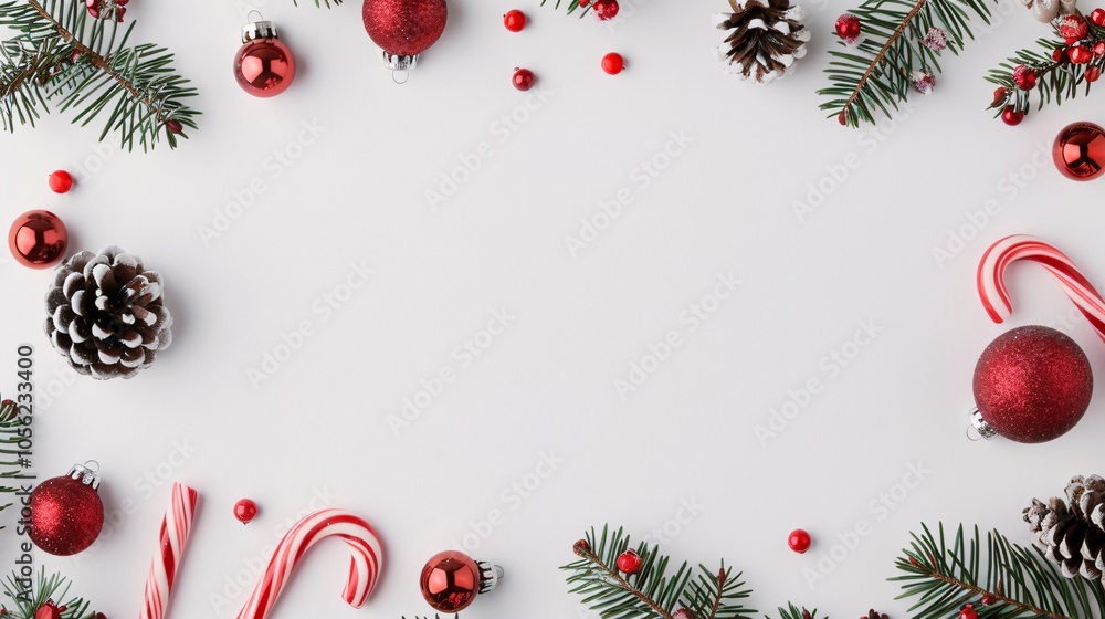 Festive Christmas Border with Pine Branches, Red Baubles, Candy Canes, and Pine Cones on White Background, Minimalistic Design with Copy Space for Holiday Greeting Cards and Promotions
Festive Christmas Border with Pine Branches, Red Baubles, Candy Canes, and Pine Cones on White Background, Minimalistic Design with Copy Space for Holiday Greeting Cards and Promotions