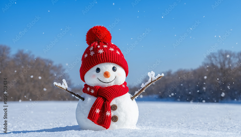 Snowman with a hat and scarf on a blue winter background Snowman with a hat and scarf on a blue winter background