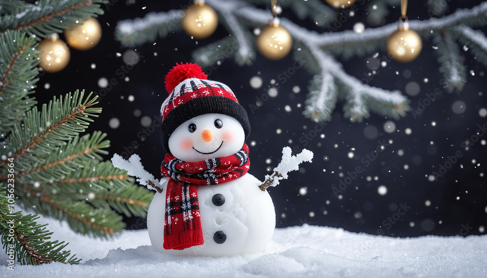 White snowman with red scarf and black hat stands on a green Christmas tree White snowman with red scarf and black hat stands on a green Christmas tree