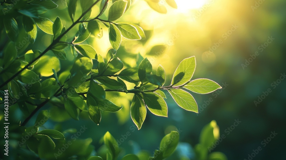 Sunlit leaves on a tree branch in a serene forest Sunlit leaves on a tree branch in a serene forest