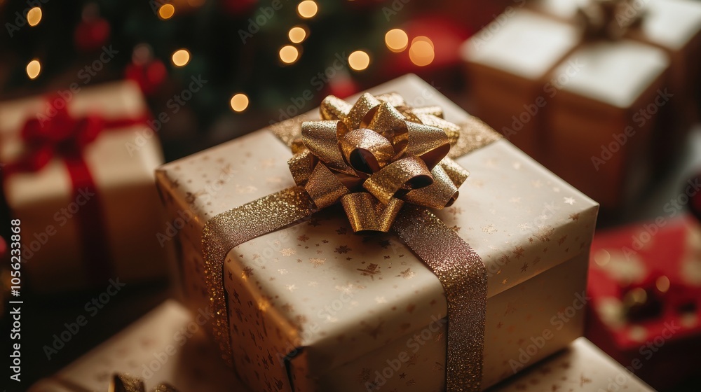 A gold ribbon forming a perfect bow atop a stack of gift boxes, creating an eye-catching focal point in a festive display. A gold ribbon forming a perfect bow atop a stack of gift boxes, creating an eye-catching focal point in a festive display.