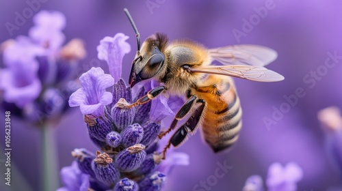 Honeybee on Lavender Blossom, Detailed Macro Shot of Pollination, Purple Background, Nature Photography, Insect Wings and Flower Details, Springtime Environment, Close-Up Focus on Natural Beauty