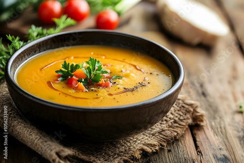 Warm vegetable soup on a rustic wooden table. high quality