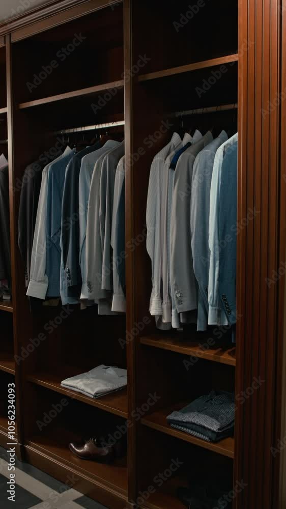 Vertical shot of organized wooden wardrobe with collection of elegant jackets hanging neatly on hangers, folded clothes on shelves below, and a pair of shoes placed on bottom shelf in menswear shop Vertical shot of organized wooden wardrobe with collection of elegant jackets hanging neatly on hangers, folded clothes on shelves below, and a pair of shoes placed on bottom shelf in menswear shop