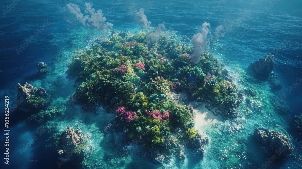 Fototapeta premium Aerial view of a hidden island surrounded by coral reefs, showcasing the diverse marine life and vibrant underwater ecosystem.