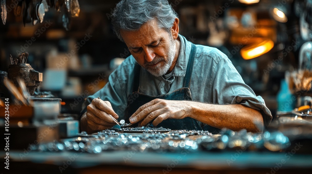 Artistic representation of a jeweler at work, crafting a unique piece, showcasing the skill and creativity involved in jewelry making. Artistic representation of a jeweler at work, crafting a unique piece, showcasing the skill and creativity involved in jewelry making.