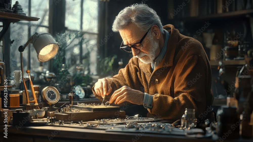 Artistic representation of a jeweler at work, crafting a unique piece, showcasing the skill and creativity involved in jewelry making. Artistic representation of a jeweler at work, crafting a unique piece, showcasing the skill and creativity involved in jewelry making.