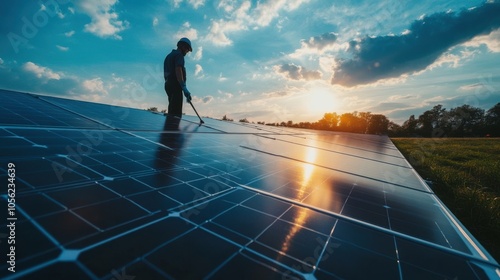 A close-up of a solar panel being cleaned and maintained by workers at a renewable