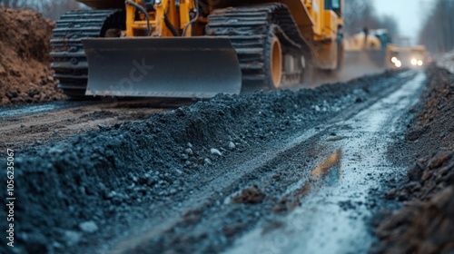 A close-up of heavy machinery grading a roadbed in preparation
