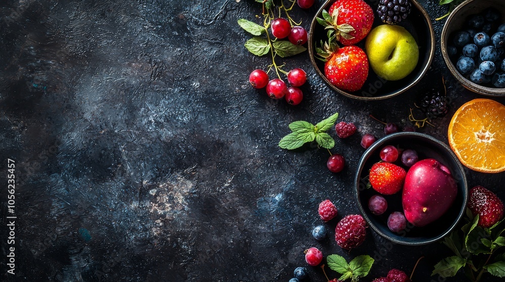 Assorted fresh fruits in bowls on a dark rustic background Assorted fresh fruits in bowls on a dark rustic background
