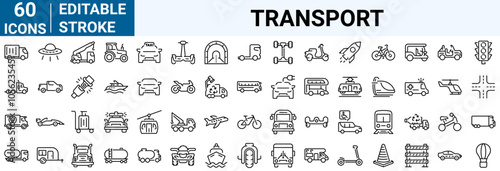 Transport web line icons. Containing car, bike, plane, train, bicycle, motorbike, bus and scooter. Editable stroke. Vector illustration photo