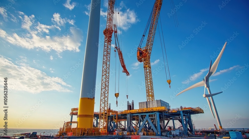 A construction site of a new wind turbine, with cranes lifting large A construction site of a new wind turbine, with cranes lifting large