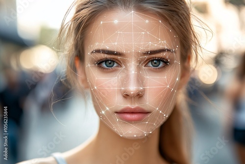 A close-up of a woman’s face with digital facial mapping technology during the day in an urban setting