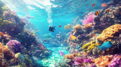 Vibrant coral reef with tropical fish and scuba diver: A kaleidoscope of colors in crystal-clear turquoise waters, showcasing meticulously rendered diving gear.