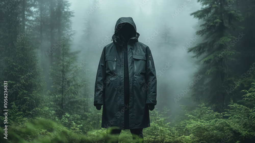 mysterious figure in parka standing in misty forest mysterious figure in parka standing in misty forest