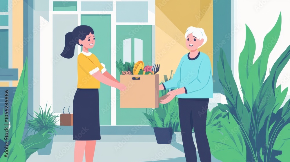 A heartwarming flat vector illustration of a young girl delivering A heartwarming flat vector illustration of a young girl delivering