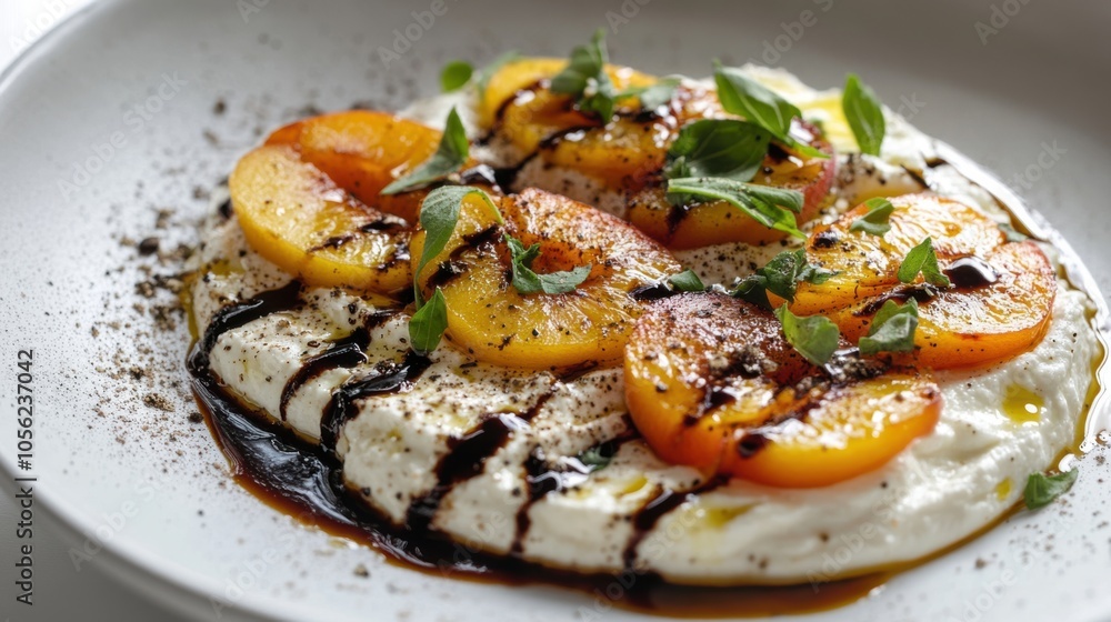 A high-end culinary presentation of whipped ricotta, fresh roasted peaches, A high-end culinary presentation of whipped ricotta, fresh roasted peaches,