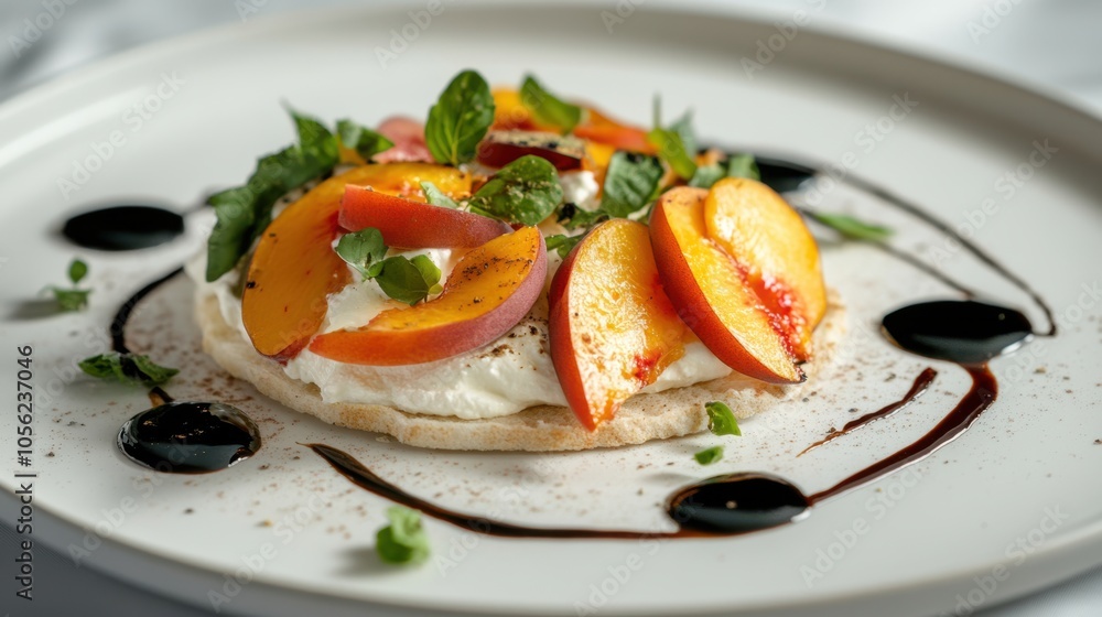 A high-end culinary presentation of whipped ricotta, fresh roasted peaches, A high-end culinary presentation of whipped ricotta, fresh roasted peaches,