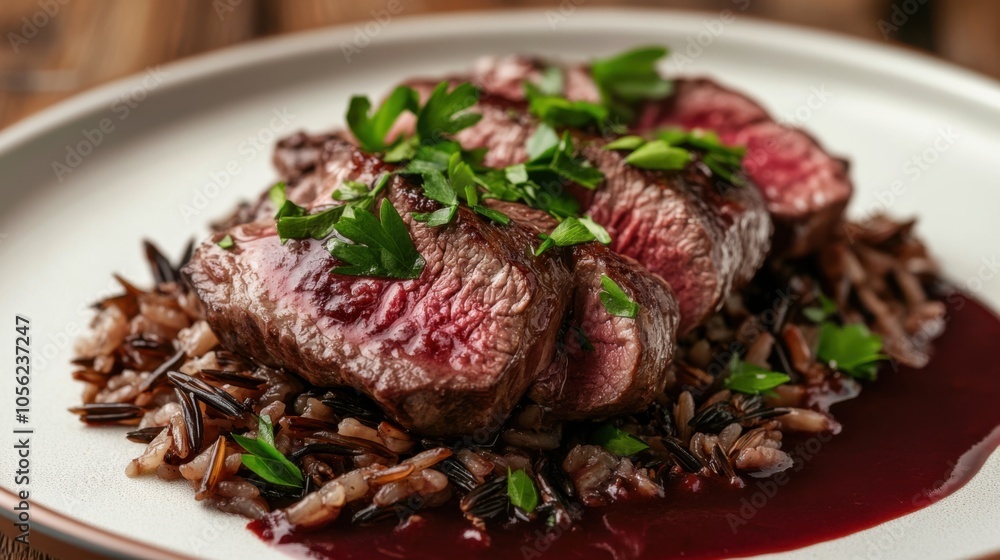 A juicy lamb steak on a bed of wild rice, garnished with parsley A juicy lamb steak on a bed of wild rice, garnished with parsley