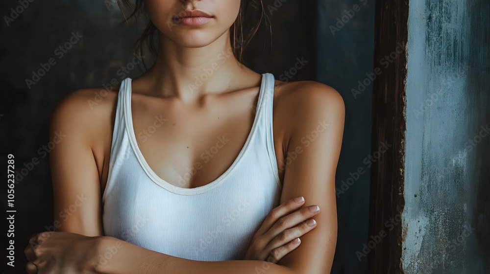 Obraz premium A woman in a white tank top with her arms crossed