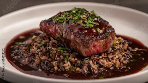 A juicy lamb steak on a bed of wild rice, garnished with parsley