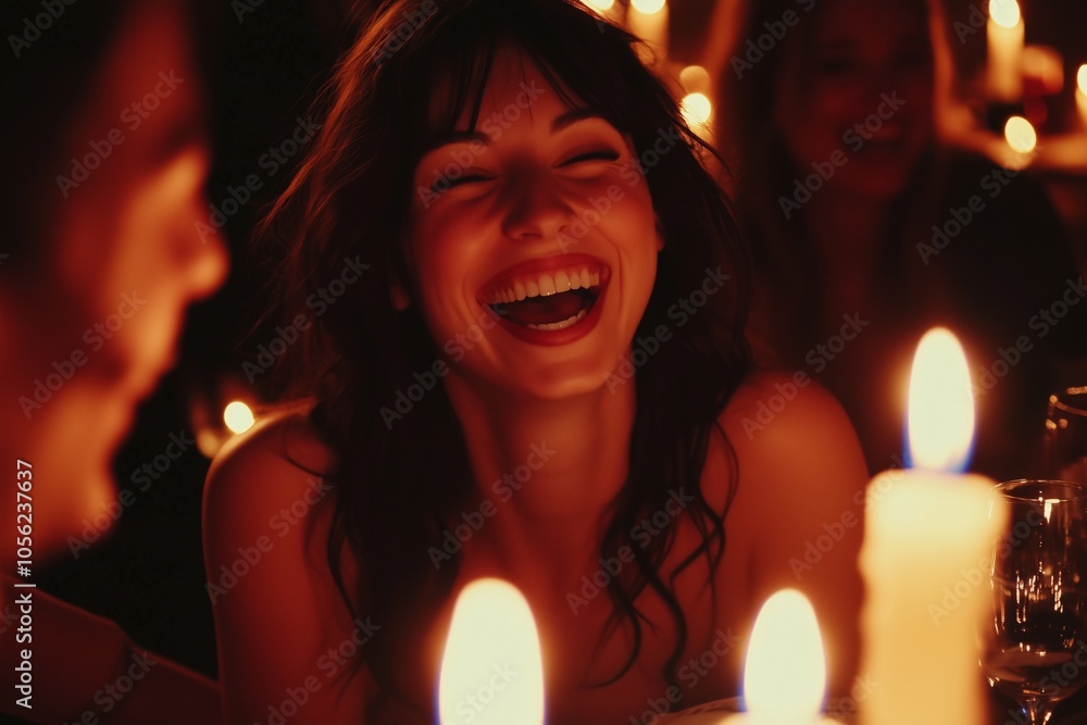 Woman laughing surrounded by candles, joyful and vibrant evening atmosphere Woman laughing surrounded by candles, joyful and vibrant evening atmosphere