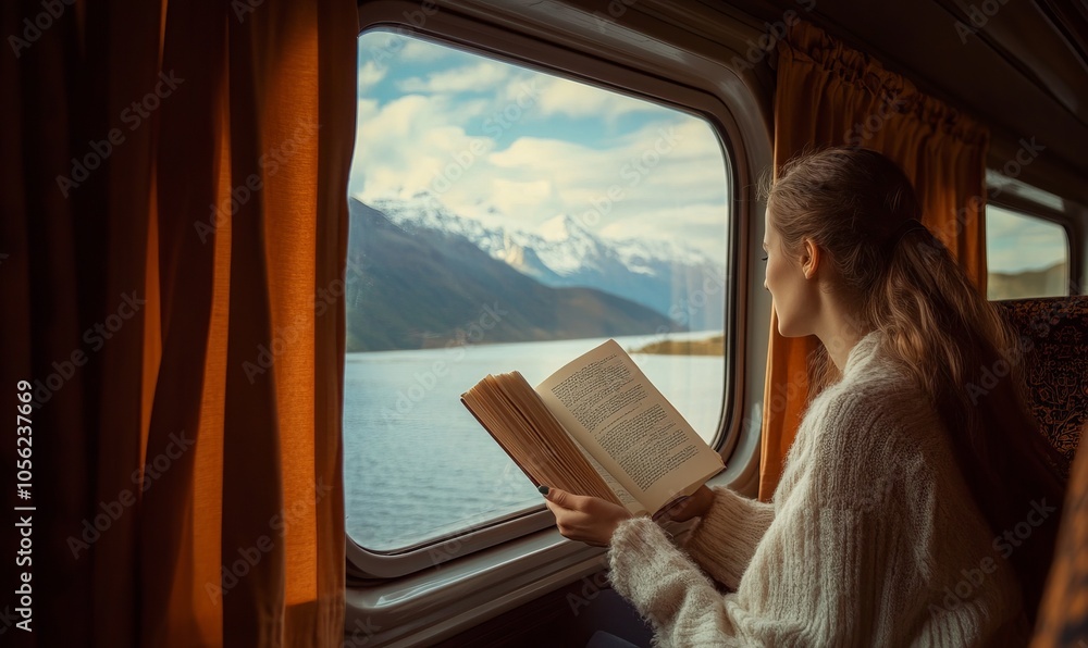 Fototapeta premium A woman is reading a book in a train window with a beautiful view of the mountain
