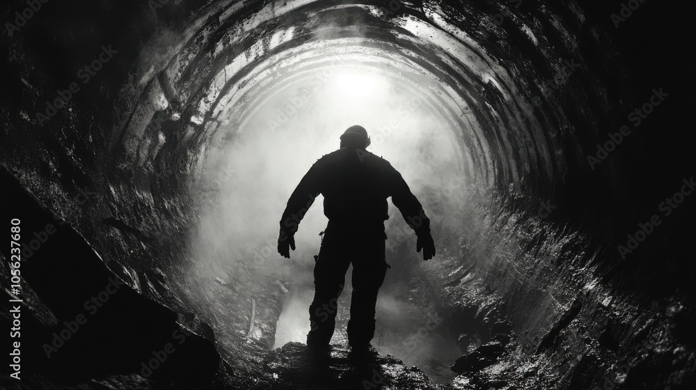 A miner emerging from an underground tunnel, covered A miner emerging from an underground tunnel, covered