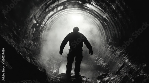 A miner emerging from an underground tunnel, covered