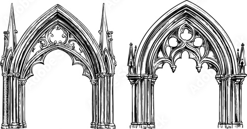 Vintage Vector Set of Gothic and Romanesque Arches and Frames. Antique Decorative Elements.