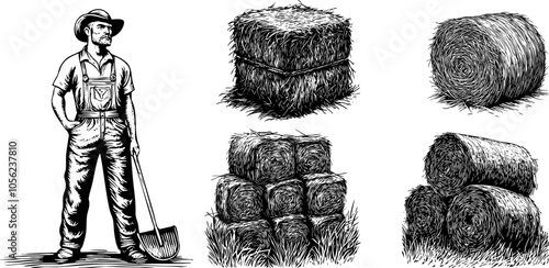 Vintage Vector Illustration of a Happy Farmer with a Pitchfork. Sketch of a Rural Worker Surrounded by Hay Bales and Haystack.