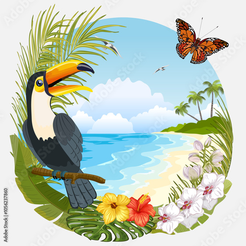 Illustration with tropical flora and fauna.Vector illustration with toucan and tropical plants on the background of the sea coast.