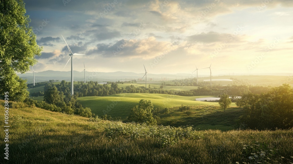 A panoramic view of a renewable energy park, combining wind, A panoramic view of a renewable energy park, combining wind,