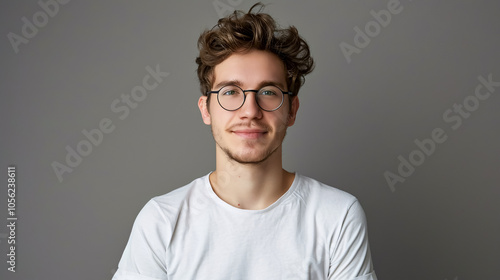 Daylight portrait of young handsome Caucasian man isolated on grey background, dressed in white t-shirt and round eyeglasses, looking at camera and smiling positively photo