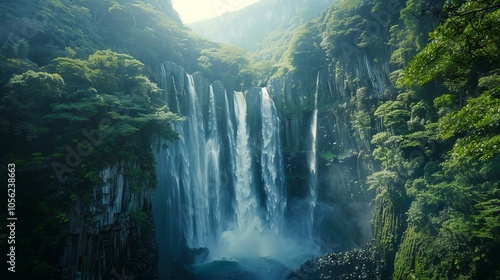 Majestic waterfall cascading down a steep cliff surrounded by lush greenery. concept of natural wonders, tranquility, scenic beauty, and serene landscapes