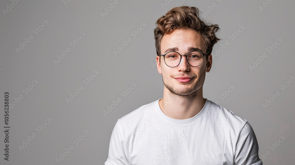 Daylight portrait of young handsome Caucasian man isolated on grey background, dressed in white t-shirt and round eyeglasses, looking at camera and smiling positively Daylight portrait of young handsome Caucasian man isolated on grey background, dressed in white t-shirt and round eyeglasses, looking at camera and smiling positively