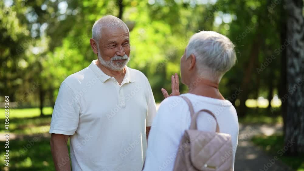 Beautiful elderly couple savoring leisurely strolling in park, surrounded by lush greenery, enjoying each other company and beauty of nature on sunny summer day, embodying love and happiness. Beautiful elderly couple savoring leisurely strolling in park, surrounded by lush greenery, enjoying each other company and beauty of nature on sunny summer day, embodying love and happiness.