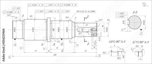 Assembly drawing of shaft of electrical reducer.
Vector design of steel mechanical device with 
dimension lines. Engineering technic computer cad scheme on 
paper sheet. Hand drawn pencil sketch.