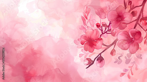 Delicate pink watercolor spring background with flowers. Copy space