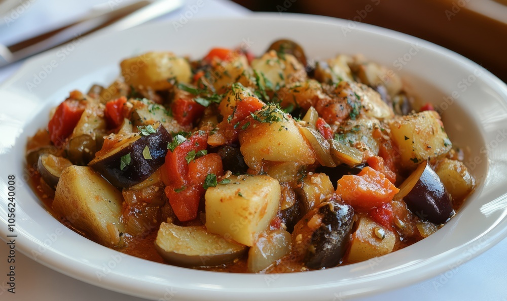 Traditional Greek vegetarian dish with a medley of vegetables including potatoes eggplants peppers and tomatoes Traditional Greek vegetarian dish with a medley of vegetables including potatoes eggplants peppers and tomatoes