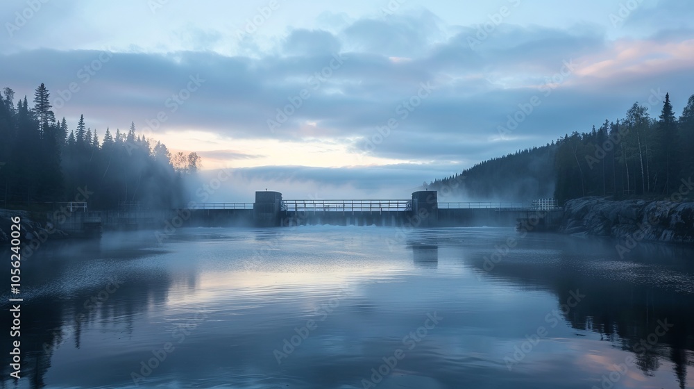 Wide angle view of a serene hydroelectric dam at dawn surrounded by mist and forests Wide angle view of a serene hydroelectric dam at dawn surrounded by mist and forests