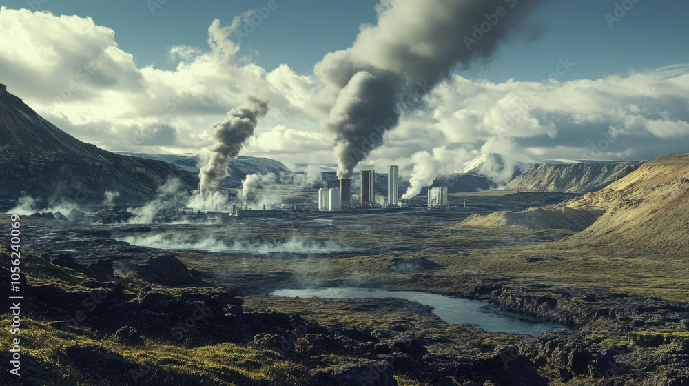Fototapeta premium A wide shot of a geothermal power plant in a volcanic region,