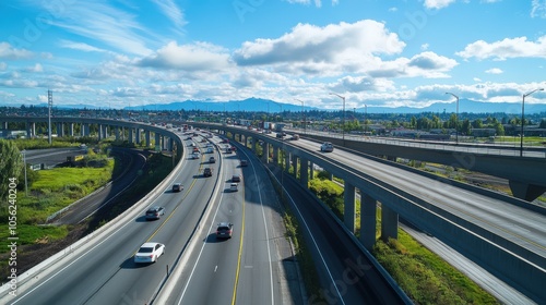 A wide shot of a newly completed elevated highway,