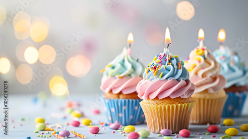 Delicious birthday cupcakes on table on light background